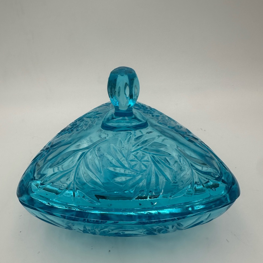 Vintage MCM Hazel Atlas Capri Blue Glass Pinwheel Triangle Candy Dish w/ Lid 7”